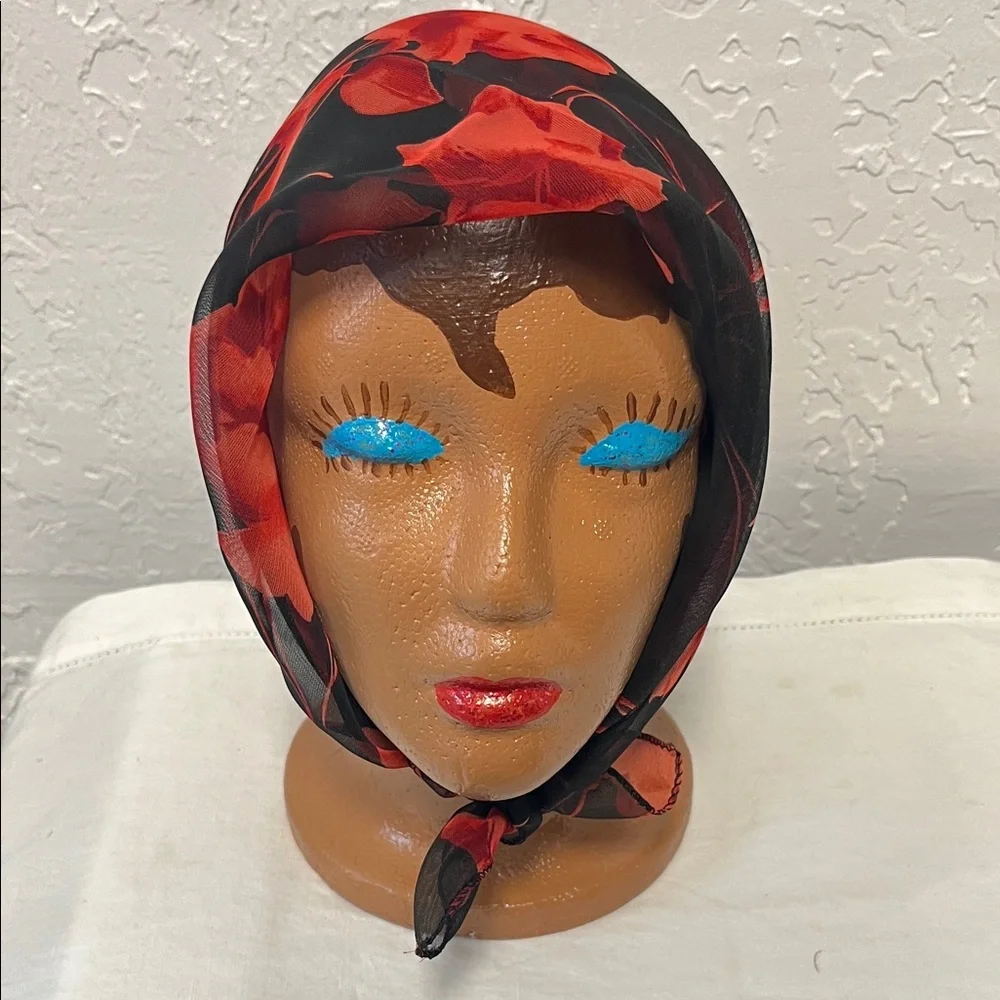 Vintage Black Red Roses Floral Sheer Nylon Scarf
